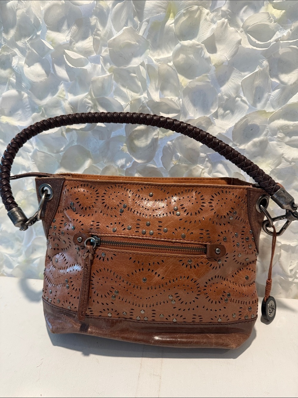 The Sak Brown Perforated Leather Shoulder Bag with Braided Handle